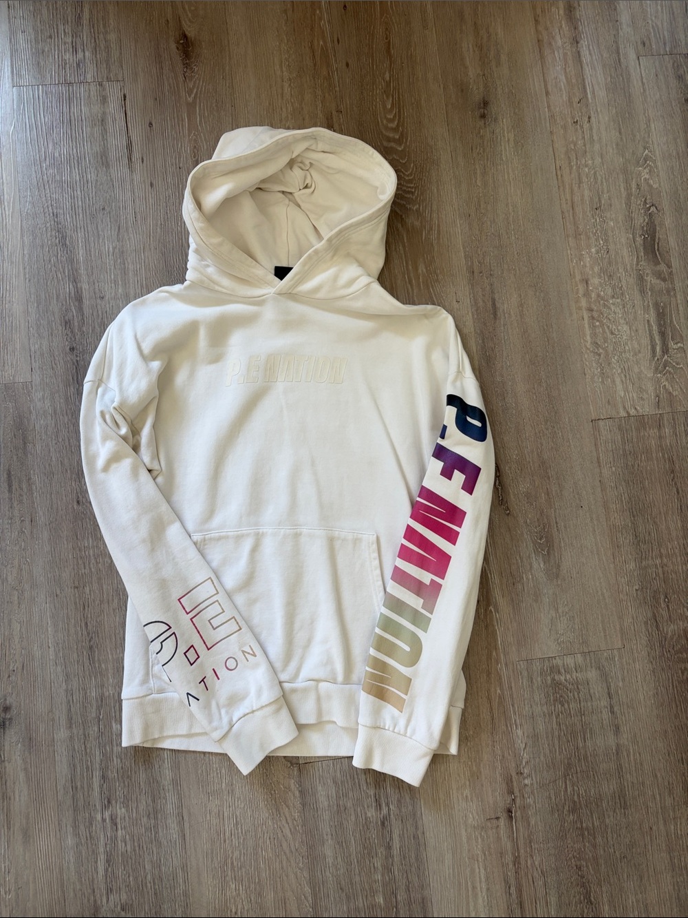 P.E Nation Cream Hoodie with Multicolor Sleeve Graphics